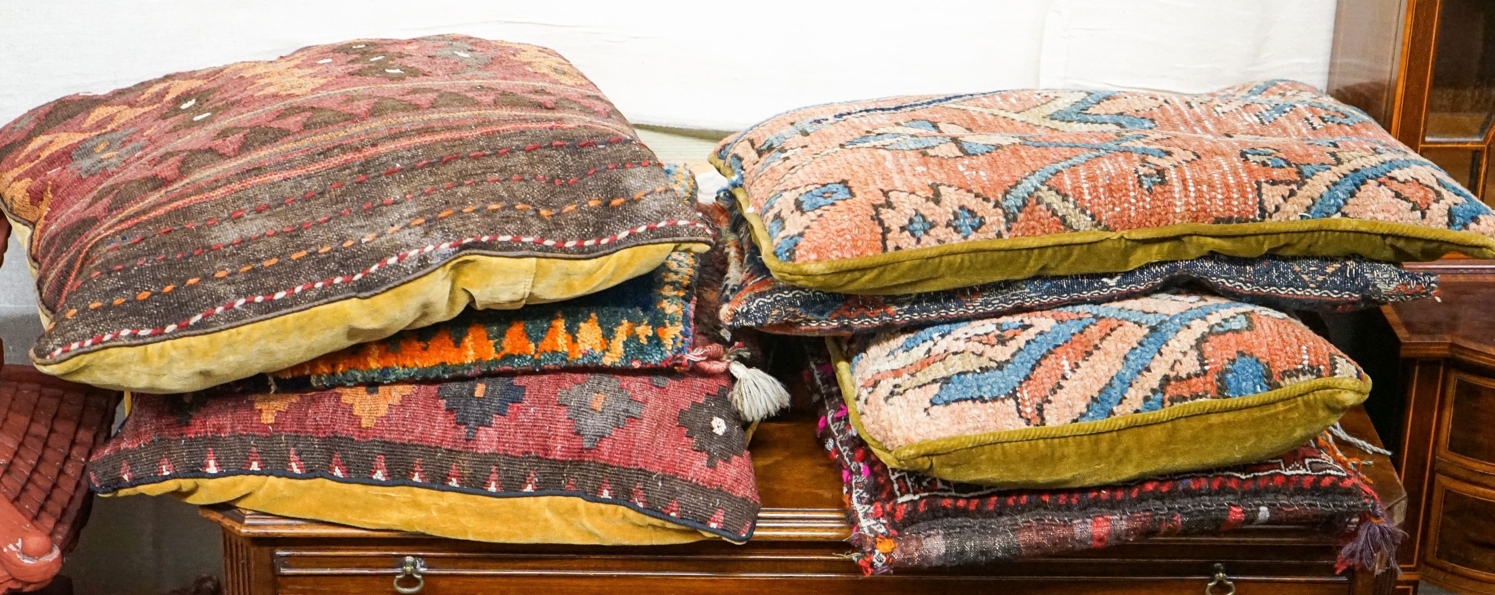 Six Caucasian, Kelim , North West Persian cushions and an Aubusson style cushion.